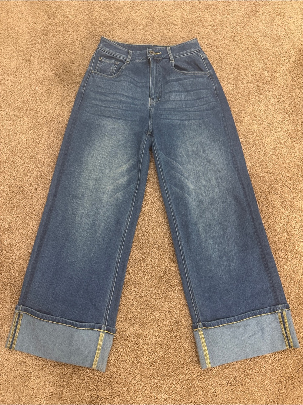 HALARA Medium Blue High-Rise Wide Leg Jeans with Cuffed Hem